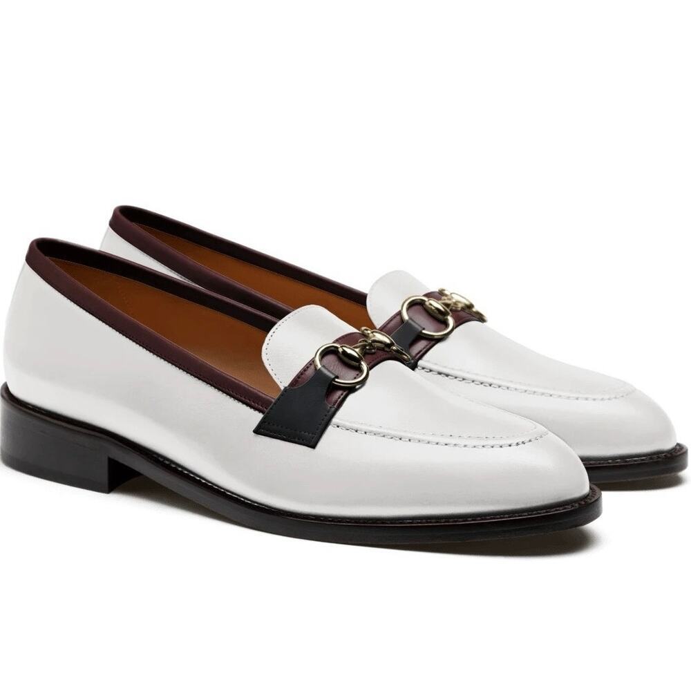 Hockerty Horsebit Loafers Men’s 43 White Burgundy Blue Italian Calf Leather NEW
